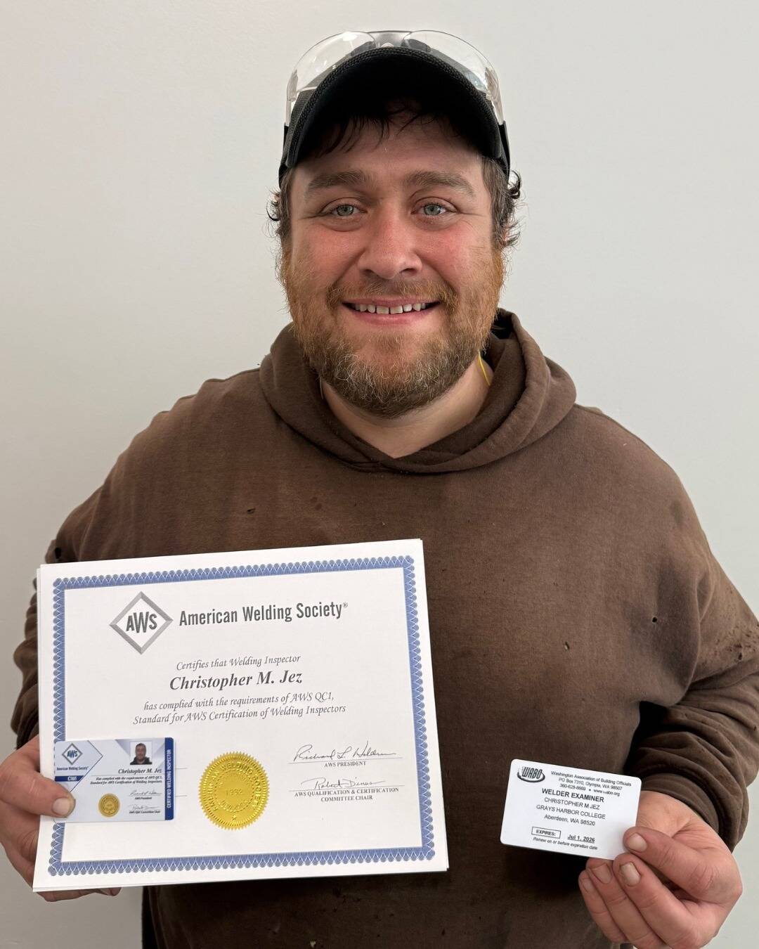 Grays Harbor College
Grays Harbor College welding instructor Chris Jez shows the certifications he recently earned through rigorous testing, industry expertise and a lot of hard work.