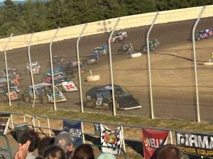 The Daily World file photos
Turn and burn: The start of the hotly contested IMCA Modifieds Race on Saturday at the Grays Harbor Raceway.