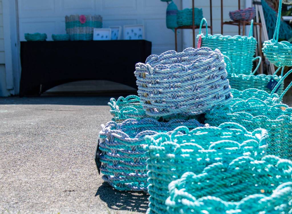 Repurposed crab line art and baskets were featured at Keith and Melissa Tantzens studio.