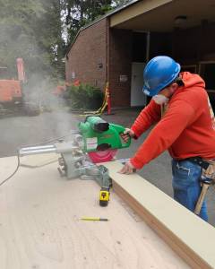 Kelly Williams photos / Grays Harbor College carpentry instructor
A Grays Harbor College carpentry student cuts a board during the construction process this past quarter.