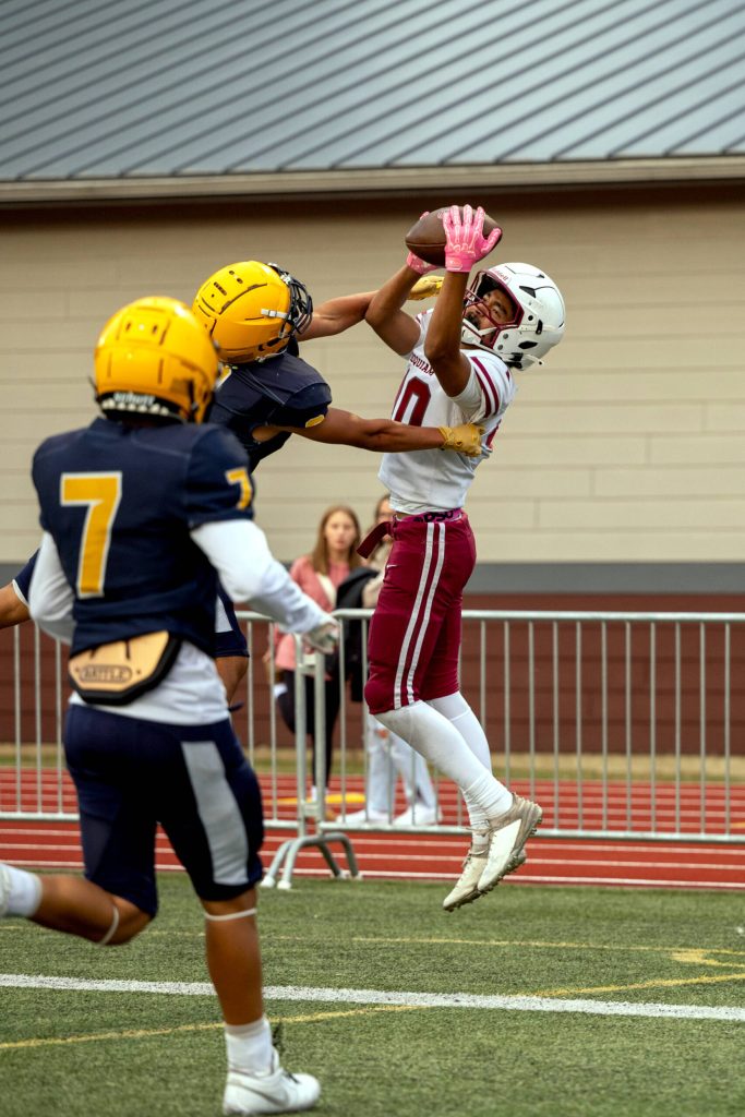 PHOTO BY FOREST WORGUM Hoquiam receiver Javonni Koth (10) makes a leaping catch against Forks during the Montesano Jamboree on Friday at Jack Rottle Field in Montesano.
