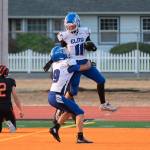 DYLAN WILHELM | THE CHRONICLE Elmas Troy Rupe (11) is congratulated by his teammate Colt Landstrom (9) after scoring a touchdown during a win over Centralia on Friday in at Tigers Stadium in Centralia.