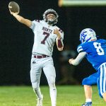 PHOTO BY FOREST WORGUM Montesano quarterback Tyson Perry (7) throws a touchdown pass during the fourth quarter of a 20-19 win over La Center on Friday in La Center.