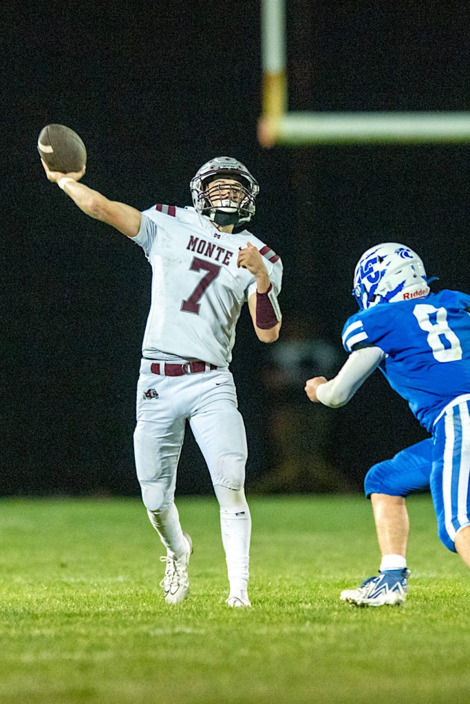 PHOTO BY FOREST WORGUM Montesano quarterback Tyson Perry (7) throws a touchdown pass during the fourth quarter of a 20-19 win over La Center on Friday in La Center.