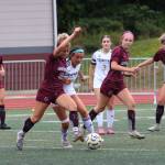 RYAN SPARKS | THE DAILY WORLD Montesano midfielder Mayce Sanchez (left) and Cedar Park Christians Christina Tselios compete for possession during the Bulldogs 3-0 loss on Saturday in Montesano.