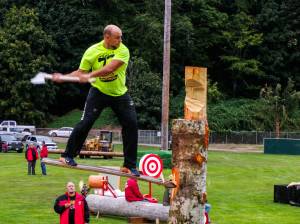 Kyndra Burkland photos / For The Daily World
A contestant chops away during Saturdays Loggers Playday in Hoquiam.