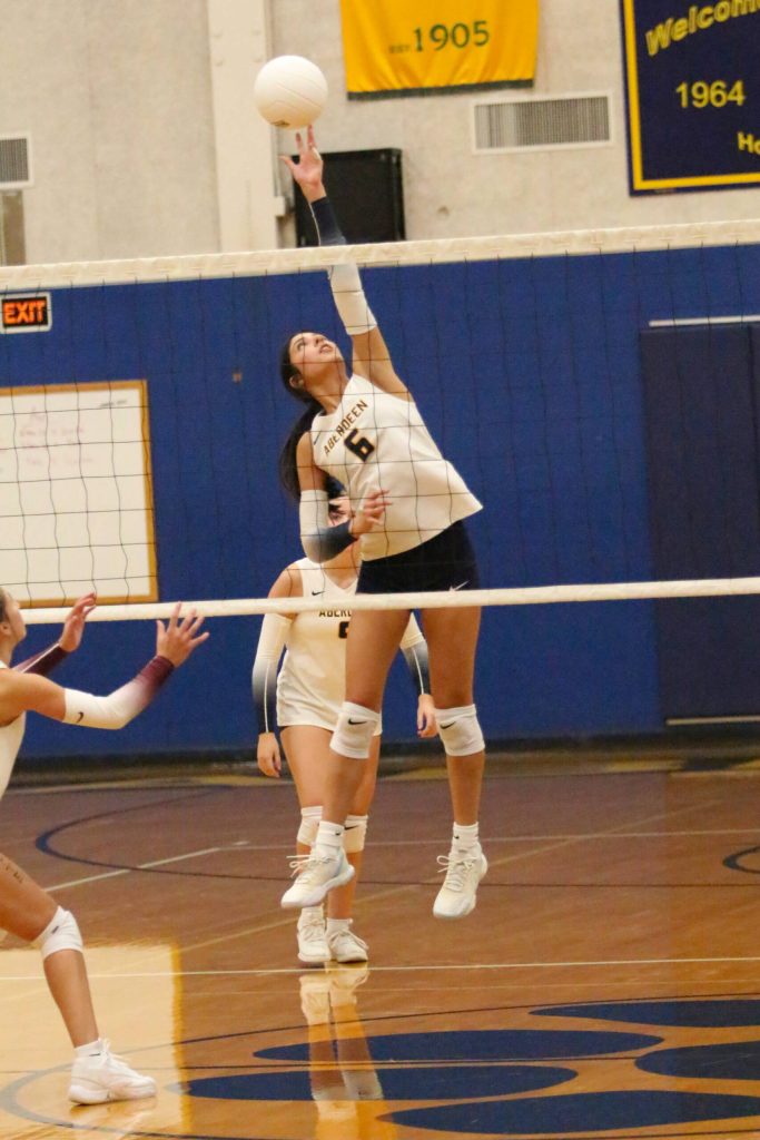 RYAN SPARKS / THE DAILY WORLD 
Aberdeen junior Mia Hallak attempts a kill during a 3-0 victory over Montesano on Monday in Aberdeen.