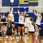RYAN SPARKS / THE DAILY WORLD 
Aberdeen senior Madi Ritter (left) attempts a drop shot against Montesanos Makena Blancas (6) during the Bobcats straight-set victory on Monday at Sam Benn Gym in Aberdeen.