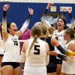 RYAN SPARKS / THE DAILY WORLD
Aberdeens Hadley Lowery (10) and Mia Hallak (6) celebrate with their teammates during a win over Montesano on Monday in Aberdeen.