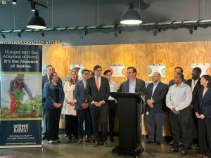 Washington Gov. Bob Ferguson hosts a press conference on the impacts of President Donald Trump’s tariffs at Northwest Harvest on Thursday, Sept. 4, 2025, in Seattle, Washington. (Jake Goldstein-Street / Washington State Standard)