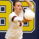 RYAN SPARKS | THE DAILY WORLD Hoquiams Mya Standstipher prepares to serve during a match against Aberdeen on Thursday in Aberdeen.