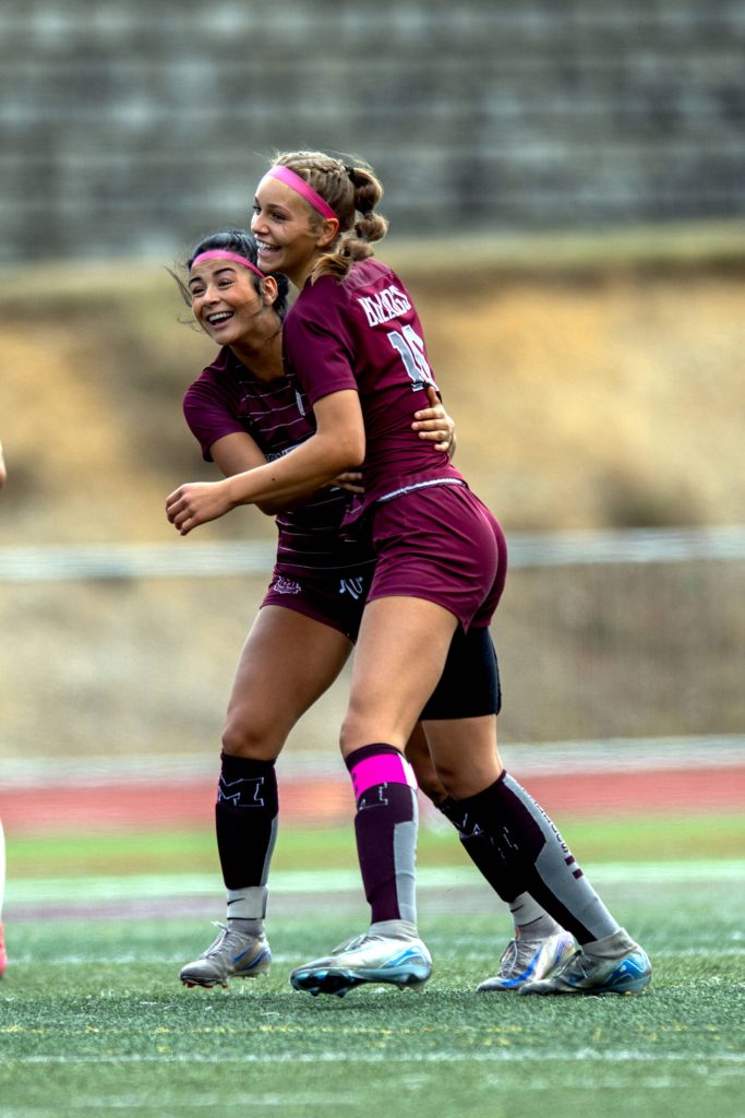 PHOTO BY FOREST WORGUM Montesanos Jaelyn Butterfield (left) celebrates with Lex Stanfield after a goal in a 3-1 victory over University Prep on Saturday at Montesano High School.