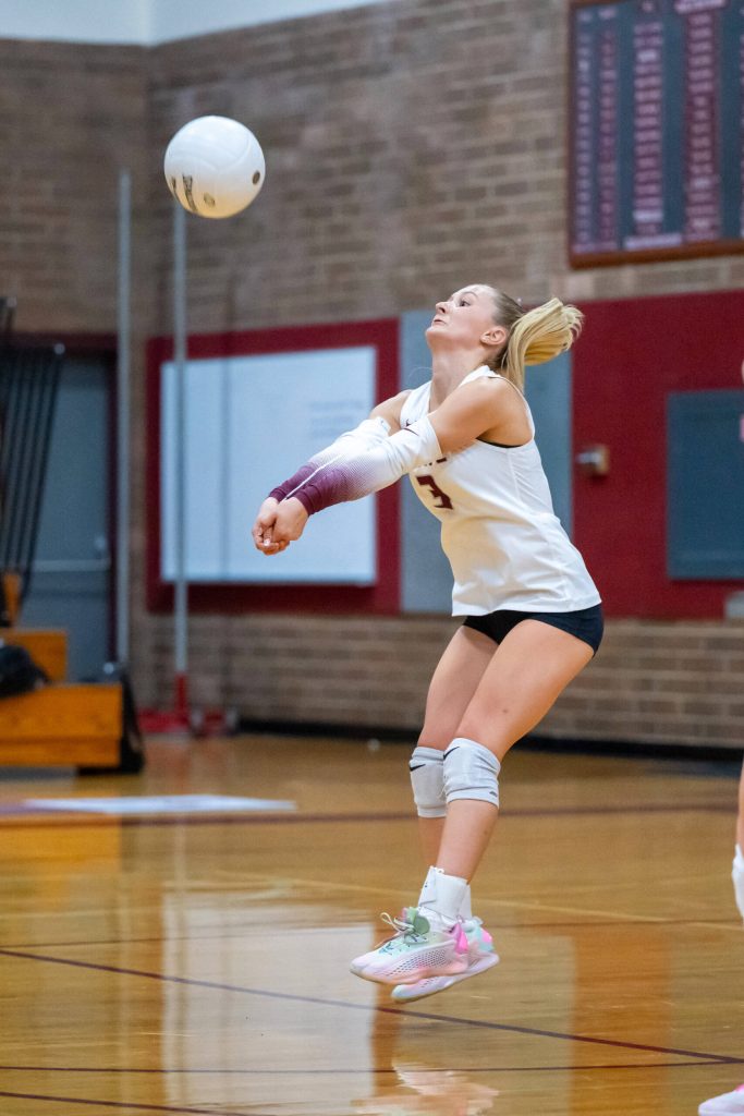 PHOTO BY FOREST WORGUM Montesano senior libero Bentley Warne records a dig during the Bulldogs 3-2 win over Black Hills on Monday in Montesano.