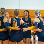 NICOLE SHANNON | MAIN FOCUS MEDIA The Aberdeen Bobcats celebrate a point during a straight-set victory over Elma on Wednesday at Elma High School.