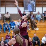 PHOTO BY FOREST WORGUM Montesano sophomore Violet Prince attempts a kill during a 3-1 loss to Raymond-South Bend on Monday at Bo Griffith Memorial Gymnasium in Montesano.