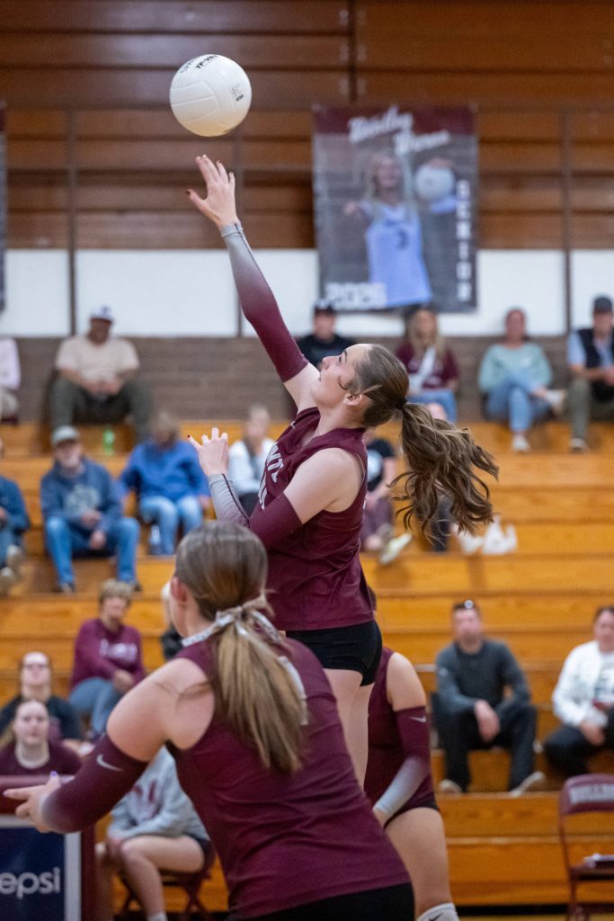 PHOTO BY FOREST WORGUM Montesano sophomore Violet Prince attempts a kill during a 3-1 loss to Raymond-South Bend on Monday at Bo Griffith Memorial Gymnasium in Montesano.