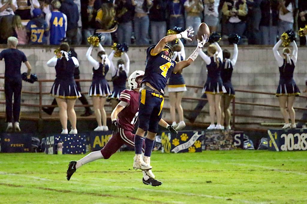 RYAN SPARKS | THE DAILY WORLD Aberdeen defensive back Adonis Hammonds (4) breaks up a pass intended for Hoquiam receiver Ethan Byron during Aberdeens 43-7 victory in the 120th Myrtle Street Rivalry on Friday at Olympic Stadium in Hoquiam.