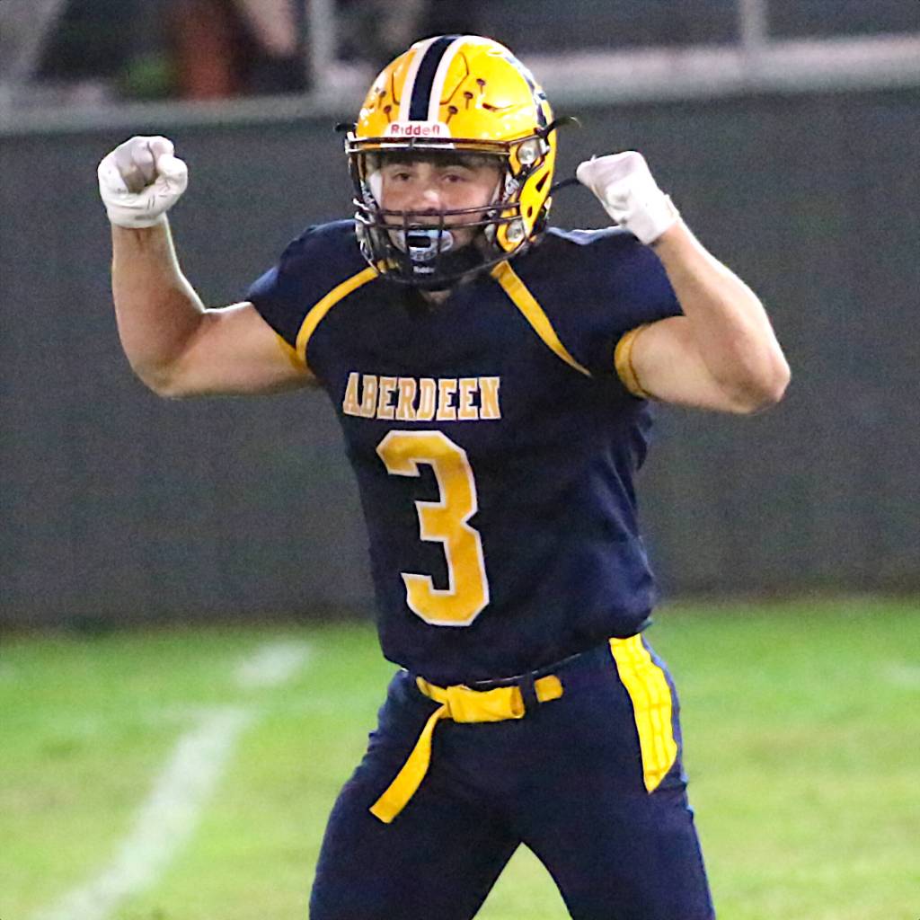 DAILY WORLD FILE PHOTO 
Aberdeen junior linebacker Glenny Black celebrates after recording a sack during a game against Hoquiam on Sept. 26. The Bobcats face W.F. West in a key 2A Evergreen Conference game on Friday in Chehalis.