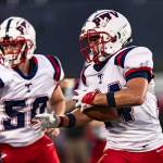 RIDLEY HUDSON / THE CHRONICLE Pe Ell-Willapa Valley lineman Dylan Andrews (50) and running back Lucas Lusk, seen here in a file photo, will face Raymond-South Bend in a Pacific County rivalry game on Friday in South Bend.