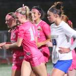RYAN SPARKS | THE DAILY WORLD Montesanos Ashley Hill (3) in congratulated by teammates Olivia Reynvaan (foreground) and Jaelyn Butterfield after scoring a goal in the second half of the Bulldogs 8-0 win over Rochester on Thursday at Jack Rottle Field in Montesano.