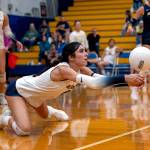 PHOTO BY FOREST WORGUM Aberdeen setter Mia Hallak records a dig during a straight-set victory over W.F. West on Thursday at Aberdeen High School.