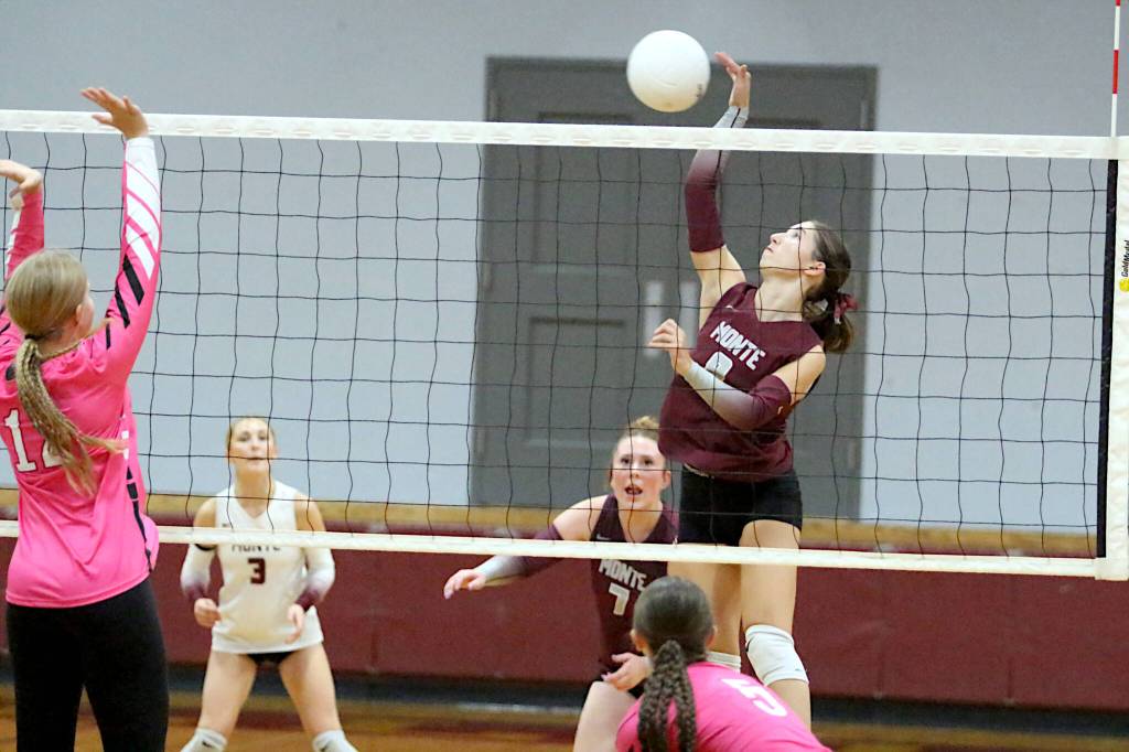 RYAN SPARKS | THE DAILY WORLD Montesano outside hitter Jordyn JP Perry records a kill during a straight-set win over Rochester on Thursday in Montesano.