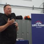 Andrea Watts photos / The Daily World
At the hangar celebration held on Oct. 3, Hoquiam Fire Chief Matt Miller expressed his appreciation for Life Flight Network being in Grays Harbor. On behalf of the city and numerous fire departments and fire districts that are here today, Id like to say thank you for the commitment, he said.