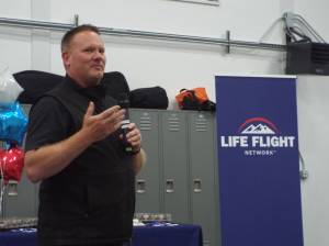 Andrea Watts photos / The Daily World
At the hangar celebration held on Oct. 3, Hoquiam Fire Chief Matt Miller expressed his appreciation for Life Flight Network being in Grays Harbor. On behalf of the city and numerous fire departments and fire districts that are here today, Id like to say thank you for the commitment, he said.