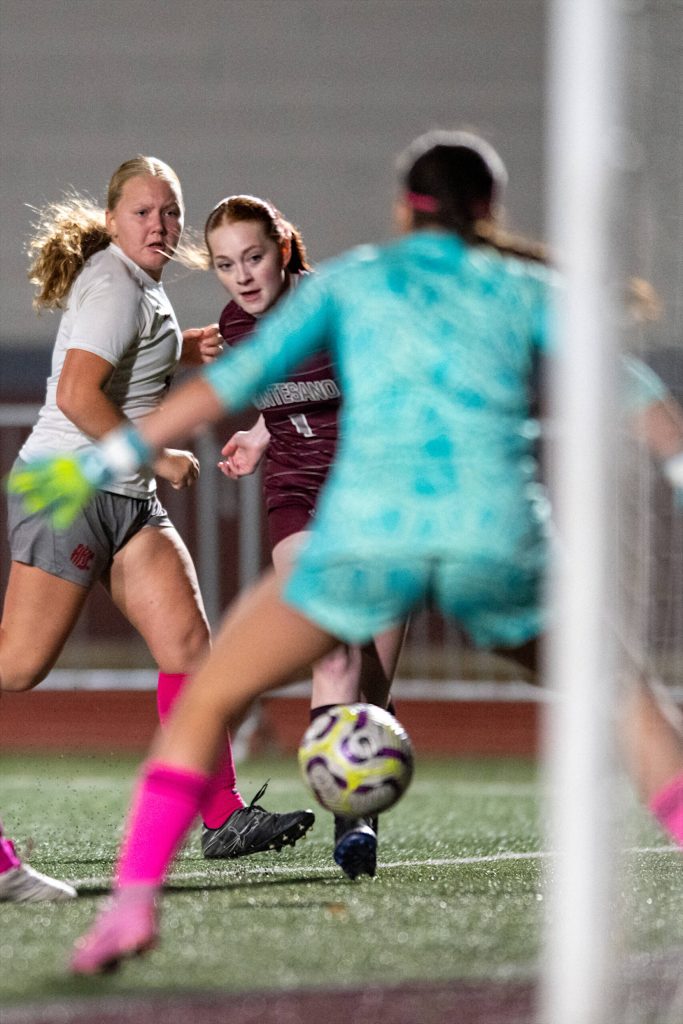 PHOTO BY FOREST WORGUM Montesanos Rossi Newbill (middle) scores a goal during a 7-0 win over Hoquiam on Thursday at Jack Rottle Field in Montesano.