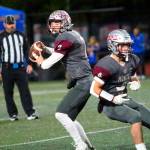 RYAN SPARKS | THE DAILY WORLD Montesano quarterback Tyson Perry (left) looks to pass while running back Zach Timmons blocks during a 22-14 win over Rochester on Friday in Montesano.