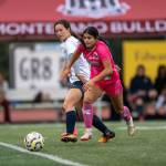 PHOTO BY FOREST WORGUM Montesano forward Jaelyn Butterfield (right) gets past Annie Wrights Kaelynn Zautner during a 3-0 win on Saturday at Montesano High School.