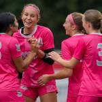 PHOTO BY FOREST WORGUM Montesano players (from left) Jaelyn Butterfield, Lex Stanfield, Lainey Robinson and Ashley Hill celebrate a Butterfield goal during a 3-0 win over Annie Wright on Saturday in Montesano.