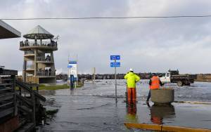 The Daily World file photo
Waves pummeling the Westport jetty caused flooding on several blocks of Westhaven Drive back in 2018.