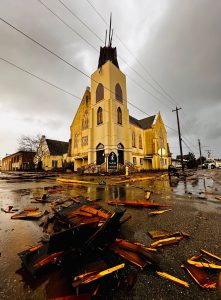 Daily World file photo
In November 2024 lightning struck the steeple at Saron Lutheran/First Presbyterian Church in Hoquiam.