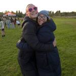 RYAN SPARKS | THE DAILY WORLD Aberdeens Ailyn Haggard (left) is congratulated by Bobcats volleyball/track & field head coach Desiree Glanz after Haggard won the league-title race on Wednesday in Aberdeen.
