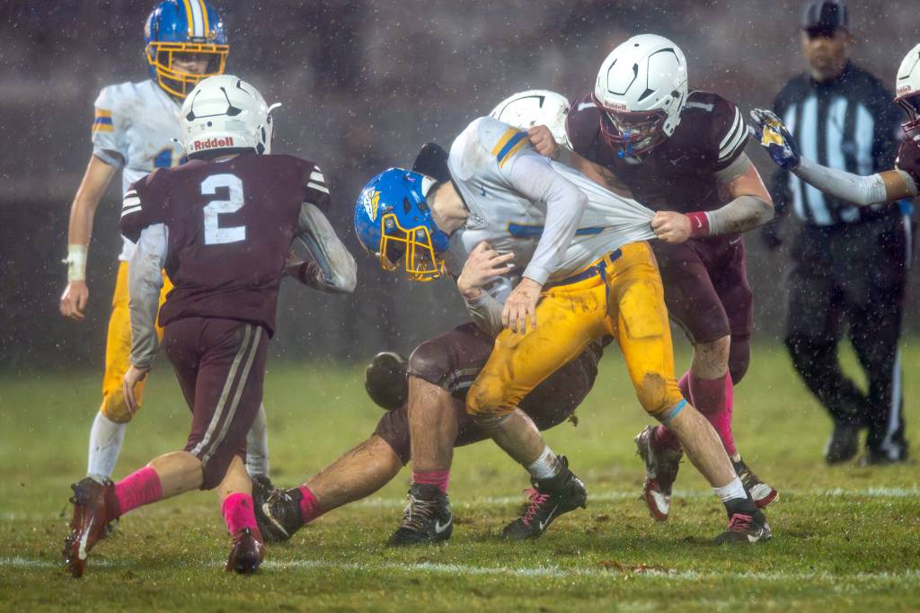 PHOTO BY FOREST WORGUM Hoquiam defensive lineman Ryan Pullar (background) strips the ball loose from Rochester running back Owen Simpkins as Grizzlies linebacker Joey Bozich (1) attempts a tackle during Hoquiams 52-0 loss on Friday in Hoquiam.