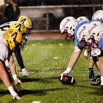 ERICA MCCRORY | MCCRORY PHOTOGRAPHY The Aberdeen defensive line (left) lines up against the Mark Morris offensive line during the Bobcats 18-0 victory in a 2A play-in game on Tuesday in Longview.