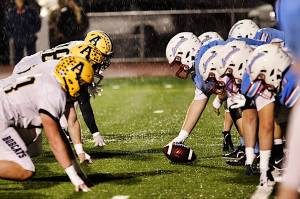 ERICA MCCRORY | MCCRORY PHOTOGRAPHY The Aberdeen defensive line (left) lines up against the Mark Morris offensive line during the Bobcats 18-0 victory in a 2A play-in game on Tuesday in Longview.