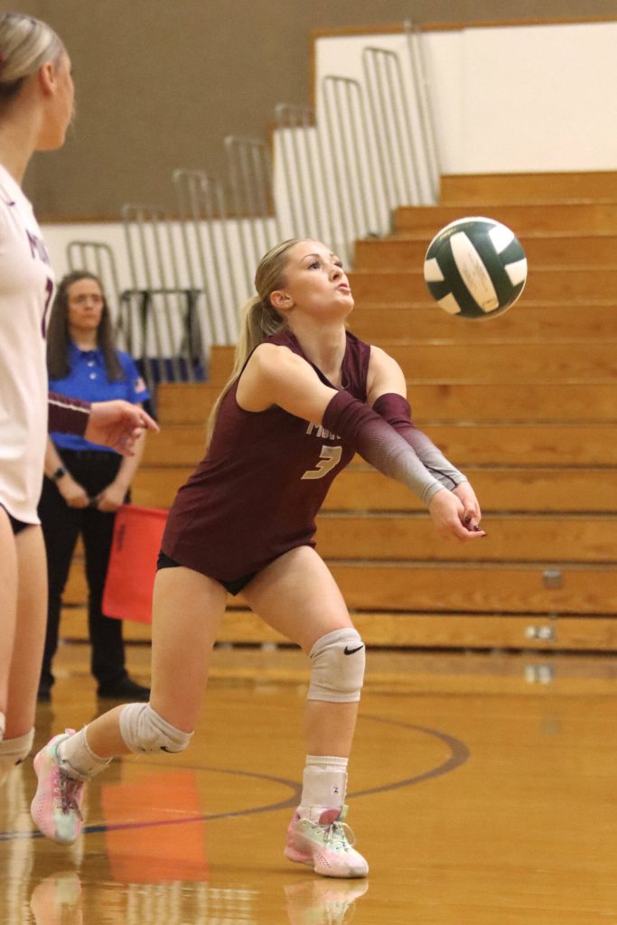 PHOTO BY HAILEY BLANCAS Montesano libero Bentley Warne receives a serve during 1A District 4 Tournament action on Wednesday.