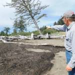 Contributed photo
David Cottrell, a third-generation cranberry farmer and commissioner for Pacific County Drainage District No. 1, describes how logs have been placed on the north shore of Willapa Bay as part of a nature-based approach to reduce wave energy and protect the drainage ditch. Cottrell has since passed away.
