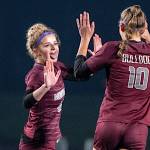 PHOTO BY FOREST WORGUM Montesanos Mayce Sanchez (left) is congratulated by teammate Lex Stanfield after scoring a penalty-kick goal in the first half of a 4-0 victory over Cascade Christian in a 1A State Tournament first-round game on Wednesday in Montesano.
