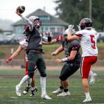 PHOTO BY FOREST WORGUM Montesano quarterback Tyson Perry (7) throws a pass during a 49-7 victory over Tenino in a 1A State Tournament game on Saturday at Montesano High School.