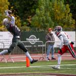 PHOTO BY FOREST WORGUM Montesano receiver Kole Kjesbu (left) hauls in a touchdown pass during a 49-7 win over Tenino in a 1A State Tournament first-round game on Saturday at Jack Rottle Field in Montesano.