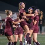 PHOTO BY FOREST WORGUM Montesanos (from left) Olivia Reynvaan, Lex Stanfield, Jaelyn Butterfield and Lainey Robinson celebrate Butterfields goal in the second half of a 1-0 victory over Cashmere in a 1A State Tournament quarterfinal game on Saturday in Montesano.
