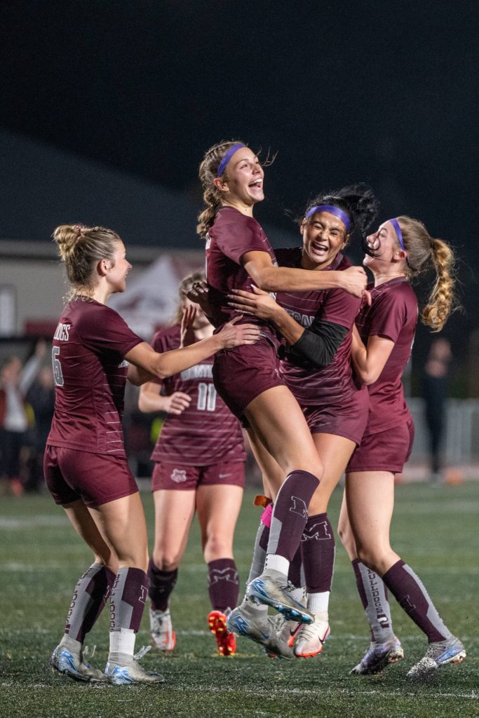 PHOTO BY FOREST WORGUM Montesanos (from left) Olivia Reynvaan, Lex Stanfield, Jaelyn Butterfield and Lainey Robinson celebrate Butterfields goal in the second half of a 1-0 victory over Cashmere in a 1A State Tournament quarterfinal game on Saturday in Montesano.