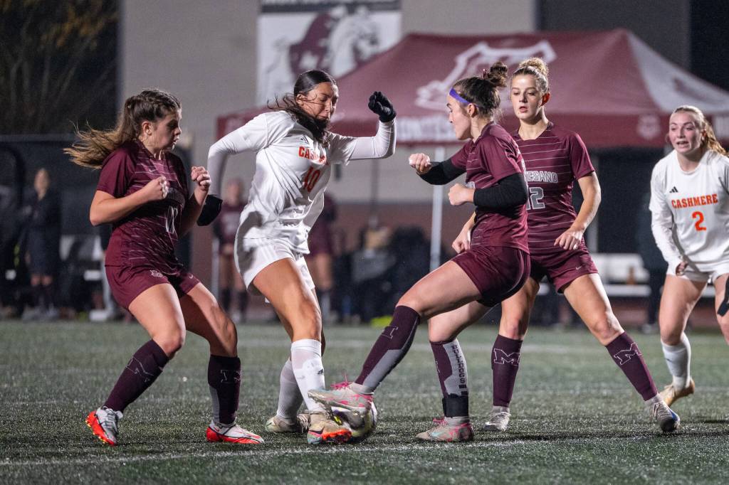 PHOTO BY FOREST WORGUM Montesano defender Emilay Kuntz (right) defends a shot by Cashmeres Gwen Ledesma during Montes 1-0 victory in a 1A State Tournament quarterfinal game on Saturday at Jack Rottle Field in Montesano.