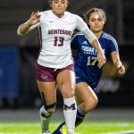 PHOTO BY FOREST WORGUM Montesano Jaelyn Butterfield (13) dribbles against Cedar Park Christians Mikah Thomas during a 5-0 loss in the 1A State Tournament Semifinals on Friday at the Federal Way Memorial Stadium.