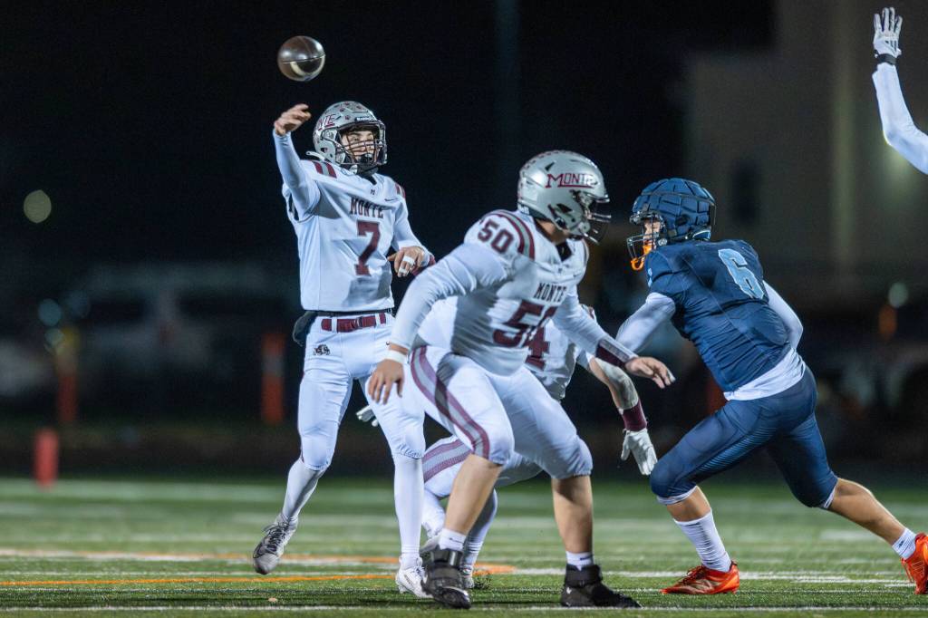 PHOTO BY FOREST WORGUM Montesano quarterback Tyson Perry (7) throws a pass during a 56-35 loss to Lynden Christian in a 1A State Tournament quarterfinal game on Saturday at Blaine High School.