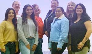 Aberdeen School District
Aberdeen student representatives Leticia Alvarenga and Kassandra Kumarasinghe, front and center, are pictured with, from left, Director Mardi Emard-Colburn, co-Superintendent Lynn Green, Directors Suzy Ritter and Annica Mizen, co-Superintendent Traci Sandstrom and Director-elect Jeanne Marll.