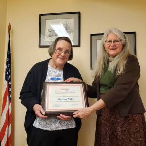 Andrea Watts / The Daily World
During the Montesano Librarys November Lunch for Your Brain, Marlene Vahl received the Margaret Downey Memorial Community Service Award, which was presented by Lilly Pomeroy, president of the Friends of the W.H. Abel Memorial/Montesano Timberland Library.